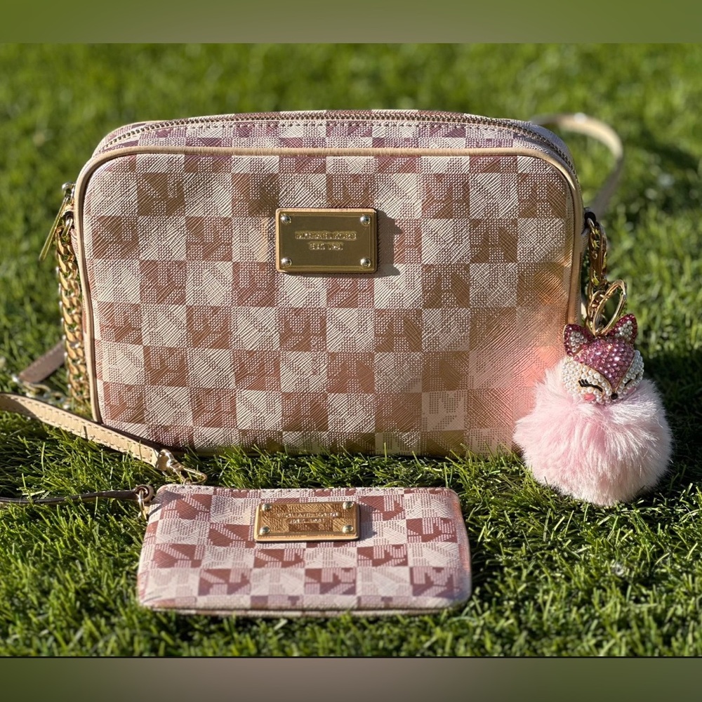 Michael Kors Checker Rose Gold Crossbody with Wristlet